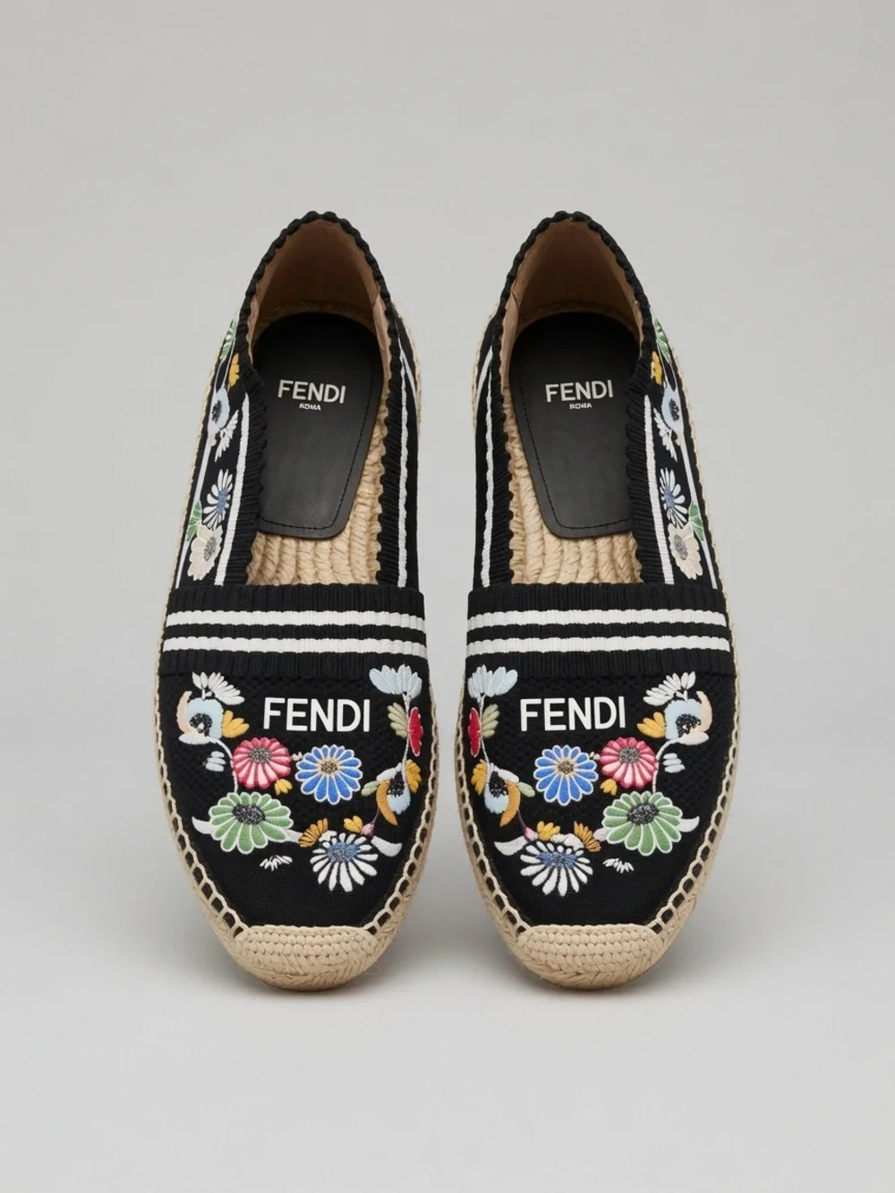 Fendi Black Embroidered Floral Espadrilles with Multicolor Accents